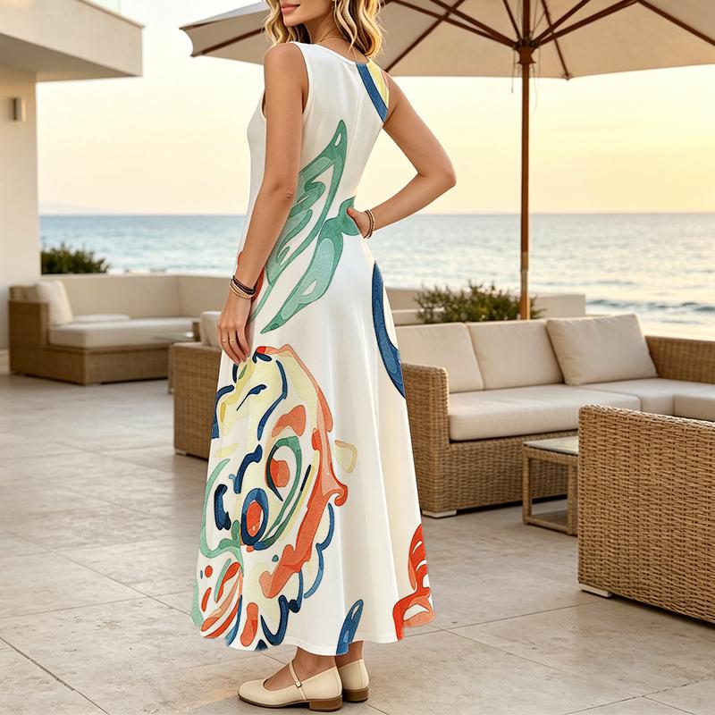Women's U-Neck Minimalist Abstract Art Sleeveless Dress Flowy Big Skirt,Comfortable,Versatile for Casual,Party & Travel Photo Outfits.