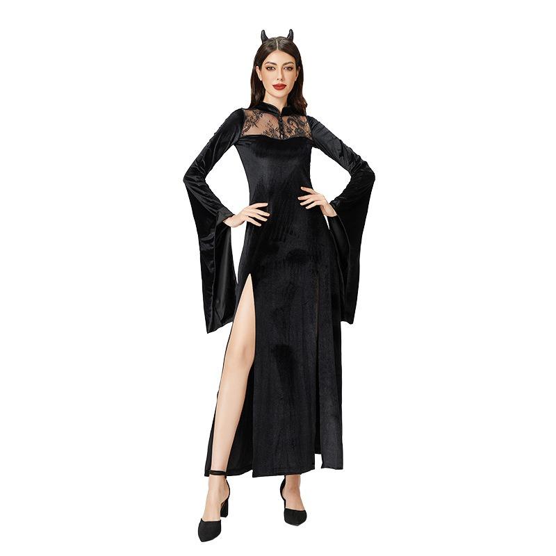 Темный готический костюм на Хэллоуин черное платье ведьма сексуальное кружево средневековое макси