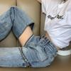 Женские джинсы на молнии. Женские облегающие прямые брюки свободного кроя с высокой талией.