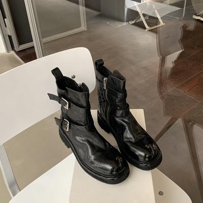 Секунды волосы~ Мать винограда Интернет-знаменитость взрыв пряжка на одном слове с толстой подошвой стиранный усадочный узор лошадиная кожа тонкие короткие ботинки женские