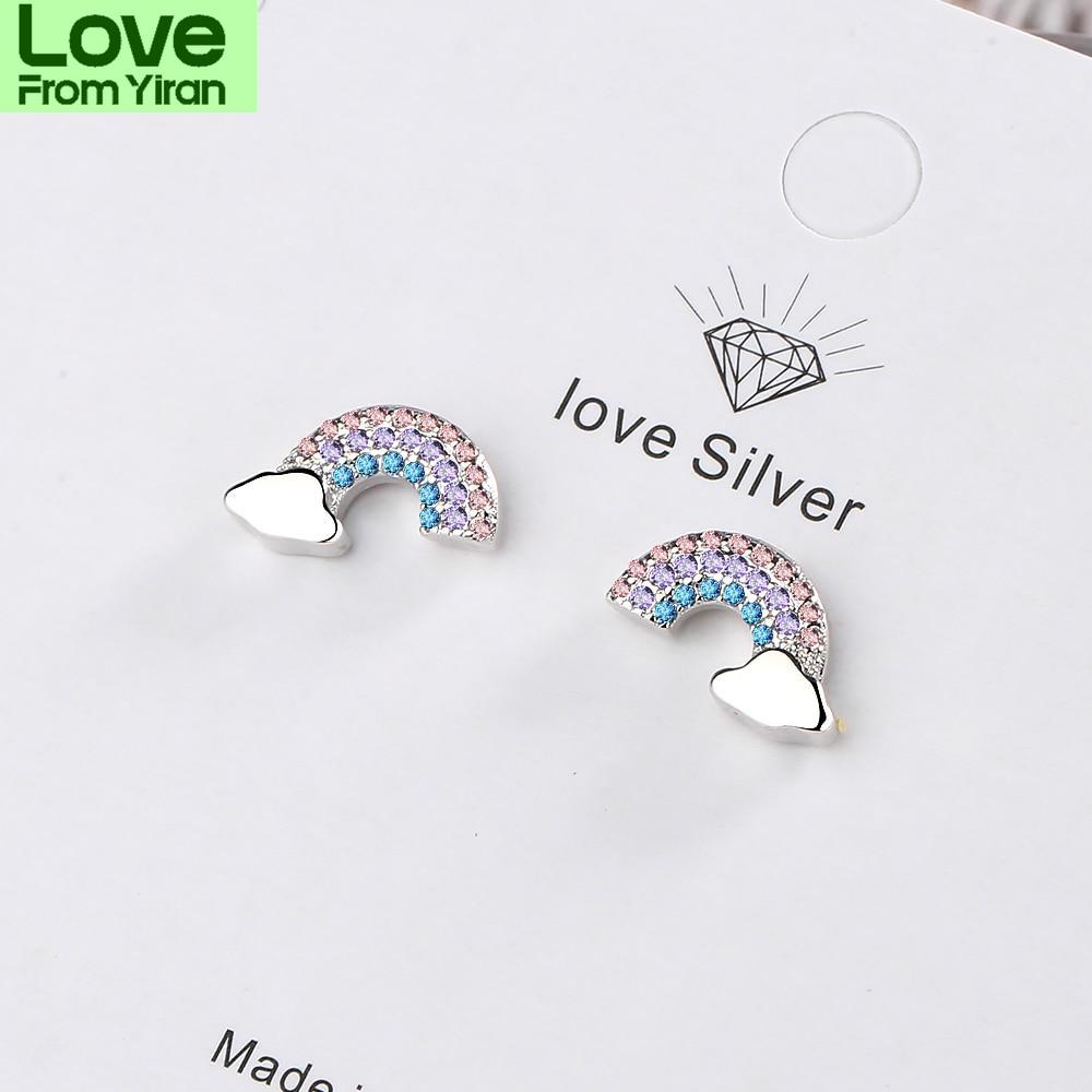 925 Sterling Silver Simple Cute Rainbow Clouds Stud Earrings With Colored Zircon For Girl Birthday Gift Dropshipping S -E920