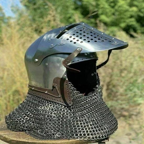 Medieval Roa Bascinet Helmet LARP Knight Armor Helmet With ChainMail  Steel Helmet With Visor  Perfect LARP And Historical Reenactments