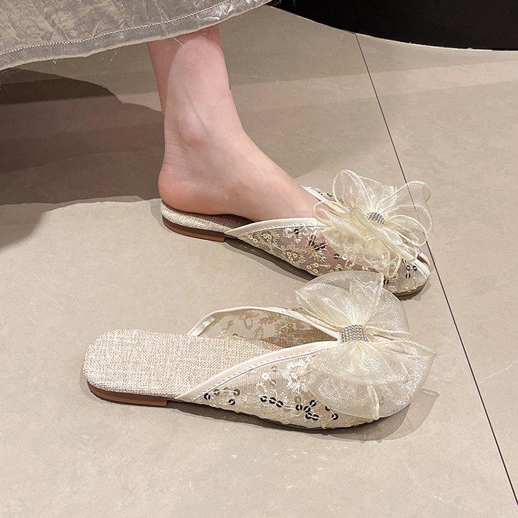 Тапочки из сетчатой ткани Baotou, женские, лето 2024, новые тапочки на плоской подошве с бантом