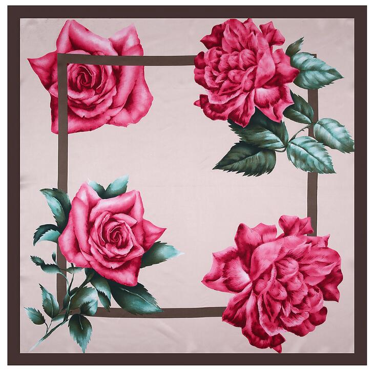 New Fashion Brand Square Scarf For Ladies Rose Flower Print Silk Scarf Women Bandana Large Hijab Female Shawl Scarves Warps