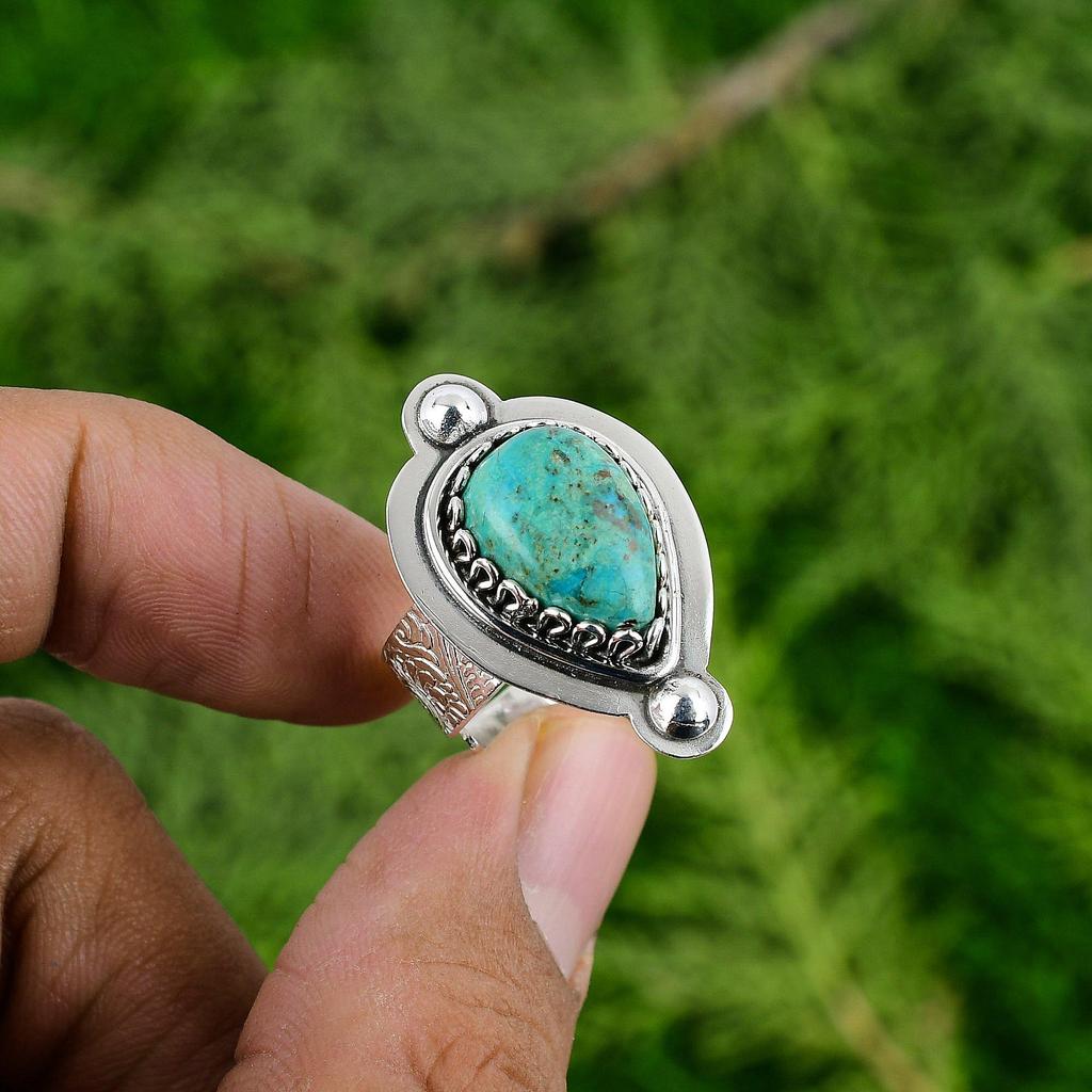 925 Sterling Silver Natural Tibetan Turquoise Solitaire Daughter Ring Jewelry