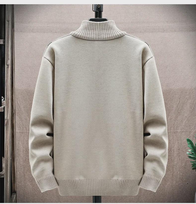 Мужской вязаный кардиган 2023 года на бархатной подкладке: Теплая куртка с принтом, длинными рукавами и воротником-стойкой для осени/зимы.