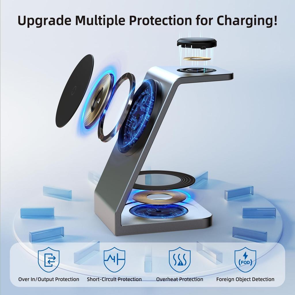 Magnetic Wireless Charging Stand, 3 in 1 Wireless Charging Station 15W Wireless Charger Compatible with iPhone 15/14/13/12 Series, Apple Watch,