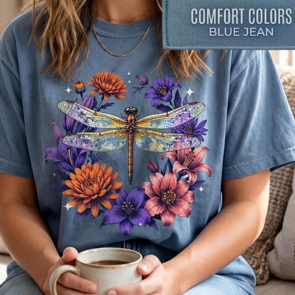 Dragonfly Nature T-Shirt, Dandelion T-Shirt. Cottagecore Garden Flowers, Comfort Colors® Dragonfly Shirt, Botanical Insect Shirt