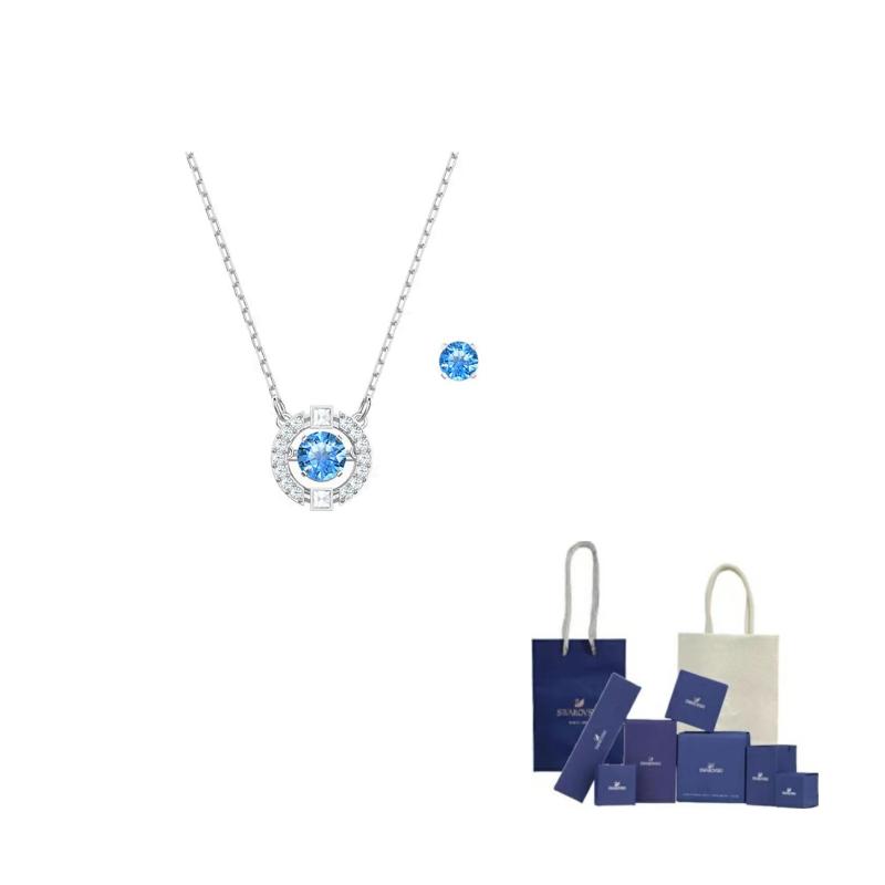 Swarovski Набор серег-обручей и ожерелье для женщин, синий/позолоченный белый