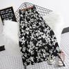 Black and White Floral Skirt Women's Mid To Long Style Small Height High Waist A-line Fresh Floral Skirt