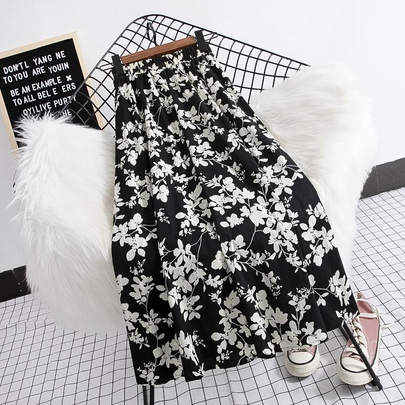 Black and White Floral Skirt Women's Mid To Long Style Small Height High Waist A-line Fresh Floral Skirt
