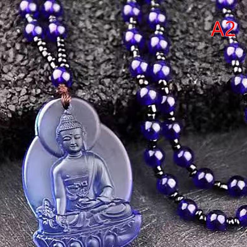 Blue White Gold And Yellow Crystal Carved Buddha Bodhisattva Pendant Necklace Jewelry Charm Aura Amulet Gift For Men Women