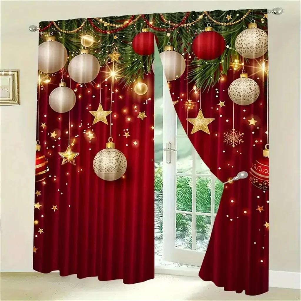 2PCS Merry Christmas Red New Year Gold Ball White Snowflake Light Filtering Curtains for Living Room Bedroom Window Drape Decor