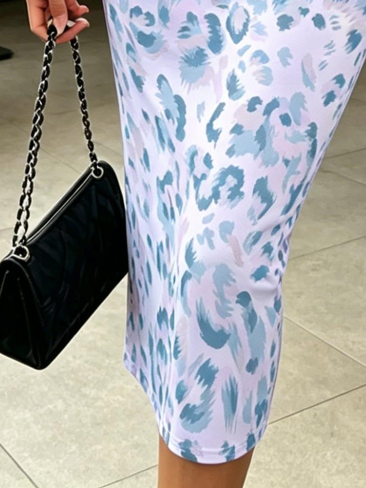 Women Summer Purple Blue Leopard Print Bodycon Midi Dress Cold Shoulder Slim Fit Sexy Cutout Elegant Dress
