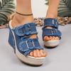 Fashion Denim Metal Buckle Thick-soled Slippers Autumn New Round-toed Open-toed Non-slip Wear-resistant High-heeled Flip Flops