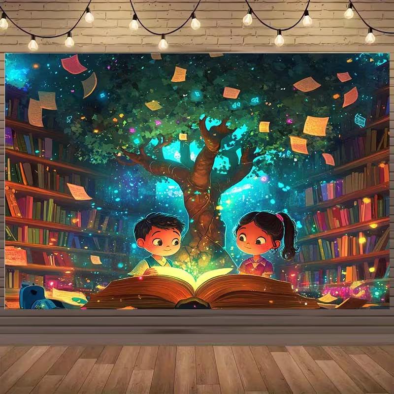 2D Магическое Дерево Чтения Фон, Фантастическая Книжная Тема Задний План