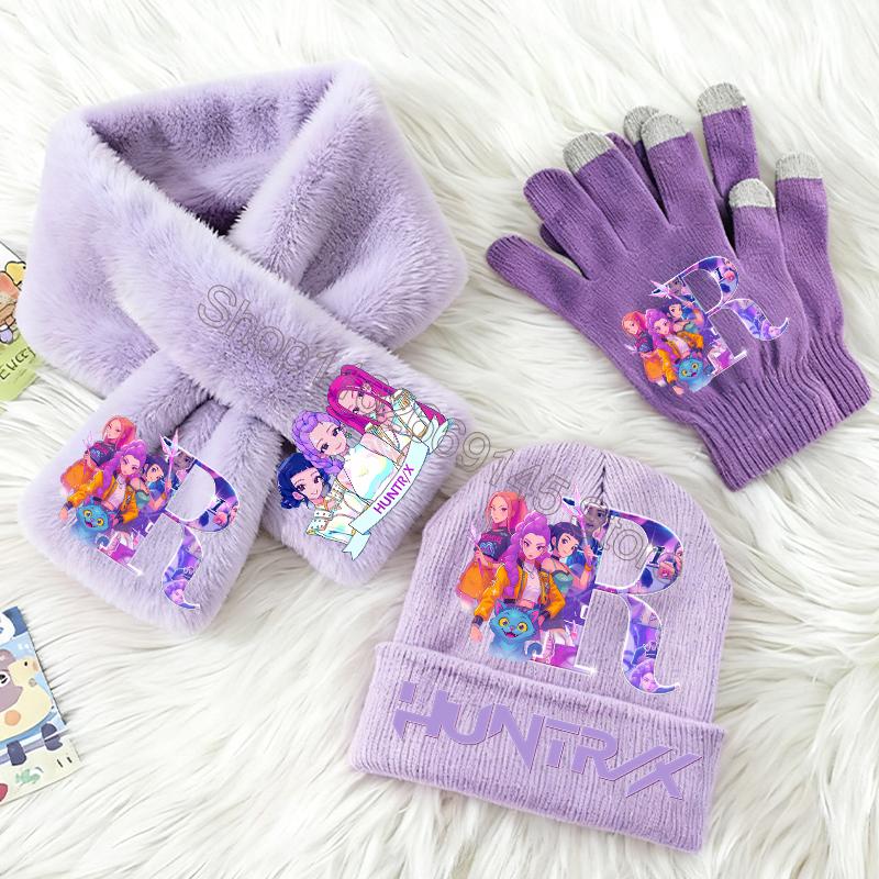 3 шт. K-Pop Охотники на демонов Детский вязаный набор шапка, перчатки, шарф Милый для девочек Зимние аксессуары Вязаная шапка Шарфы Рождественские подарки