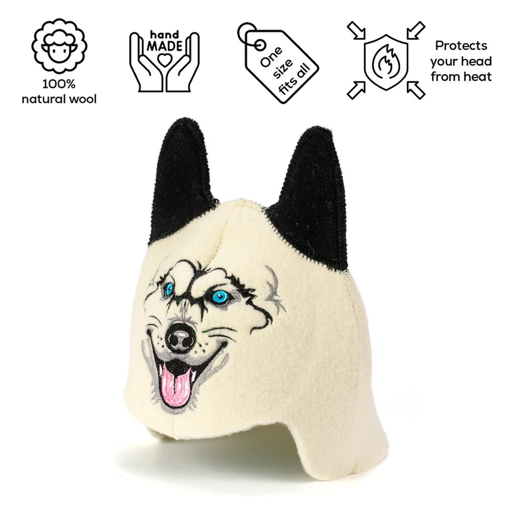 Детская шапка для сауны Волк, изготовленная из натуральных материалов, органическая шерсть создает ощущение, как в русской бане. Защищает голову от жара.