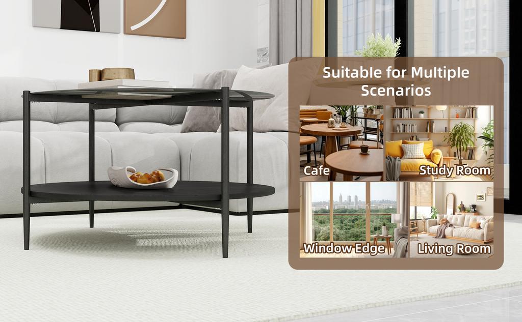 Modern minimalist living room coffee table, featuring a round black glass tabletop combined with a black wooden lower layer, beautiful and practical.