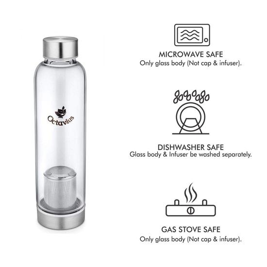 Октавиус | Бутылка из боросиликатного стекла | Бутылка для зеленого чая с инфузором - 520 мл | Стеклянная бутылка для воды с инфузором | Ситечко для заваривания чая (520 МЛ)