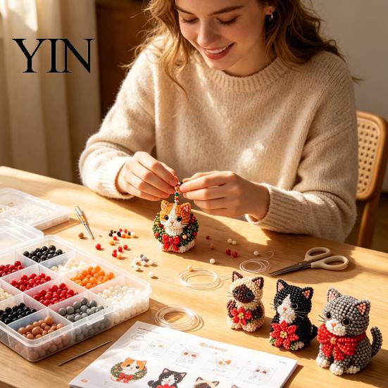 No Glue Beading Set 3D Beaded DIY Kit, Lifelike Christmas Animal Craft Set, Bead Cat Handmade Easy Embroidery Kit for Kids And Adults Festive Holiday