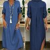Fall Spring Lady Dress V Neck Loose Short Sleeves with Cufflink Split Hem Plus Size Dress Solid Color Buttons Pullover A-line Daily Wear Beach