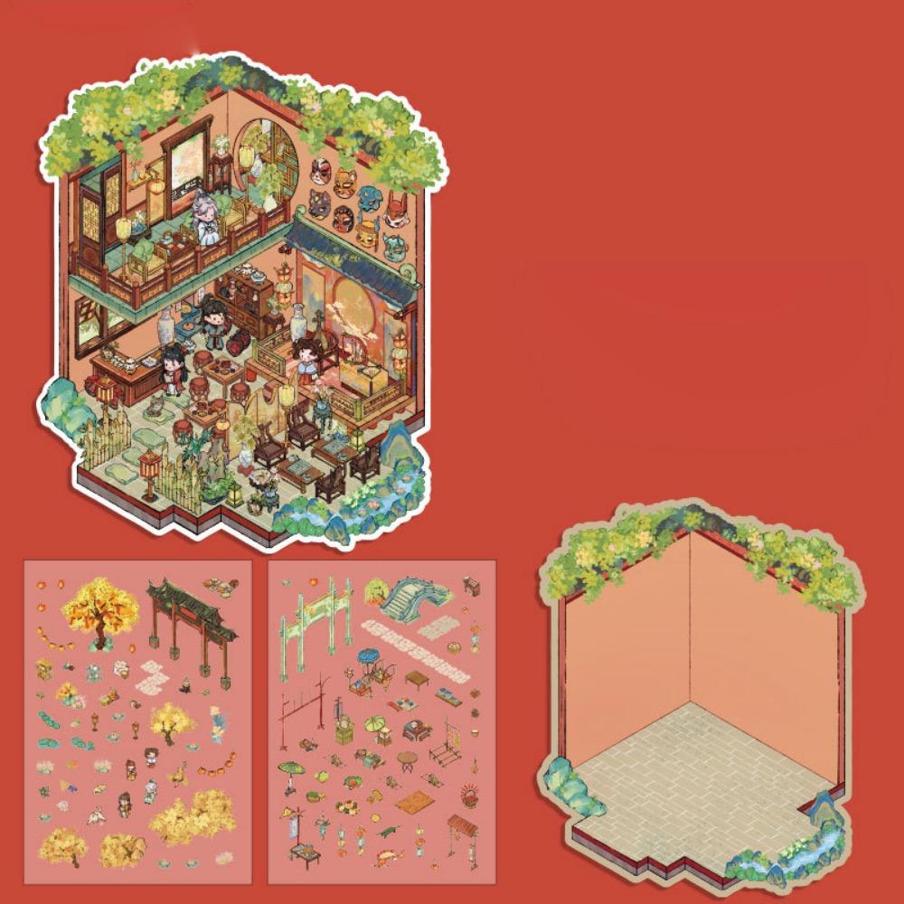 Китайские ретро 3D наклейки с многослойным пейзажем, мультяшные наклейки для ландшафтного дизайна, родитель-ребенок