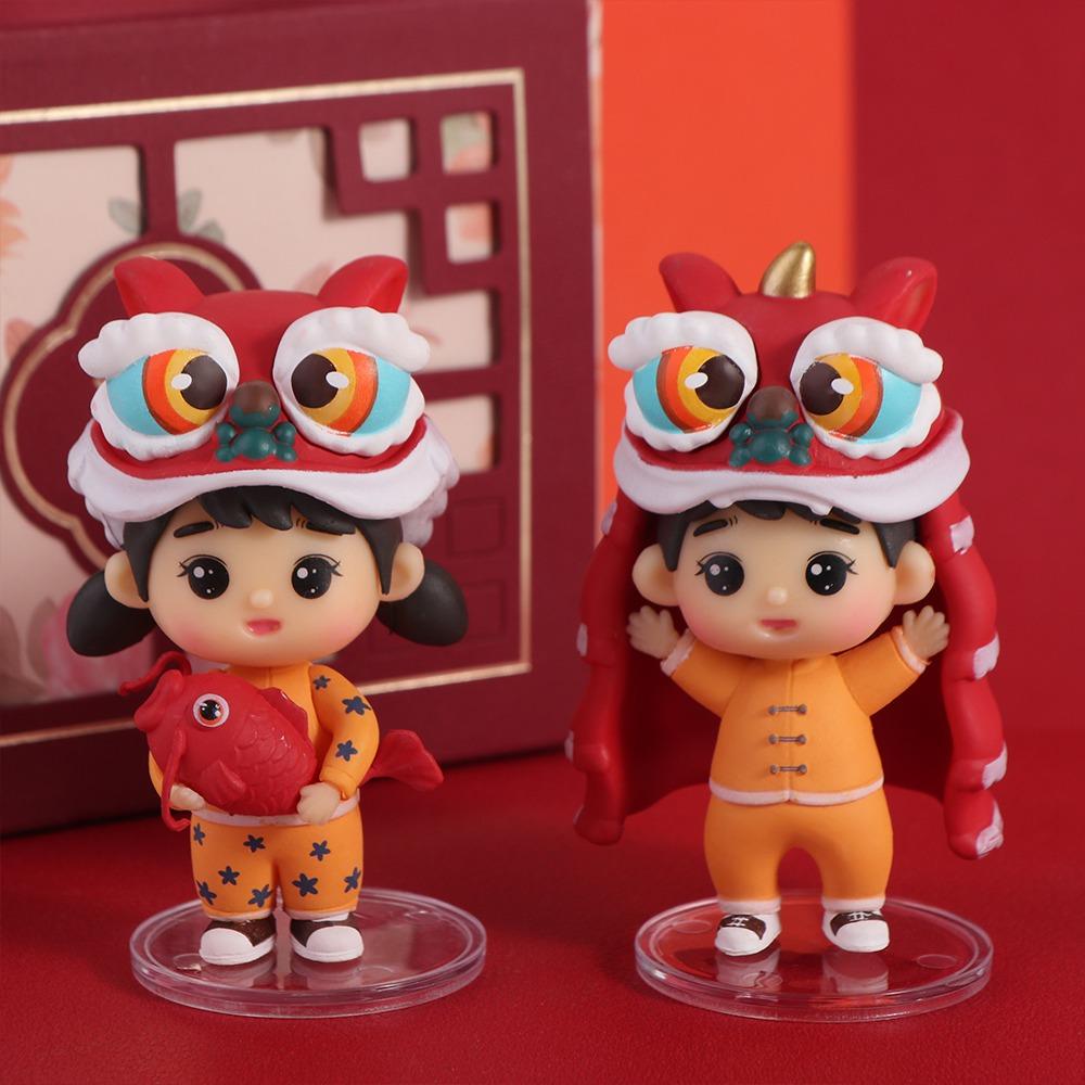 Мальчик и девочка Танец льва Статуя мальчика Китайский стиль Танец льва Украшения Весенний фестиваль