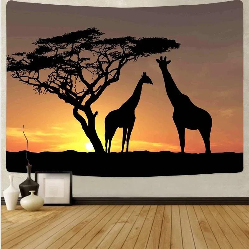 VIKAMA African Animal Silhouette Tapestry High Contrast Sunset Gradient Mural Acacia Tree Elements Living Room BB