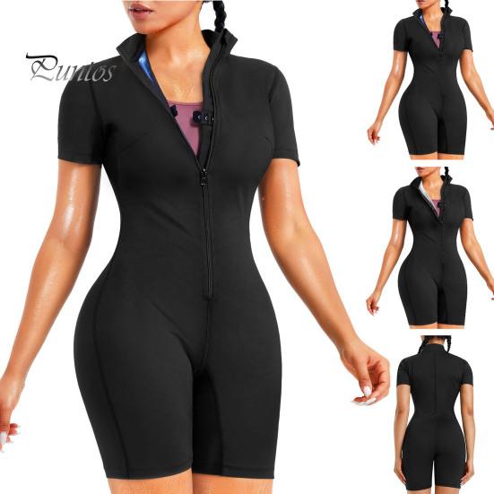 Спортивный компрессионный компрессионный компрессионный компрессионный компрессионный компрессионный комбинезон с застежкой-молнией и воротником-стойкой, спортивный костюм с короткими рукавами для сжигания калорий, спортивный костюм для тренировок с высокой эластичной талией