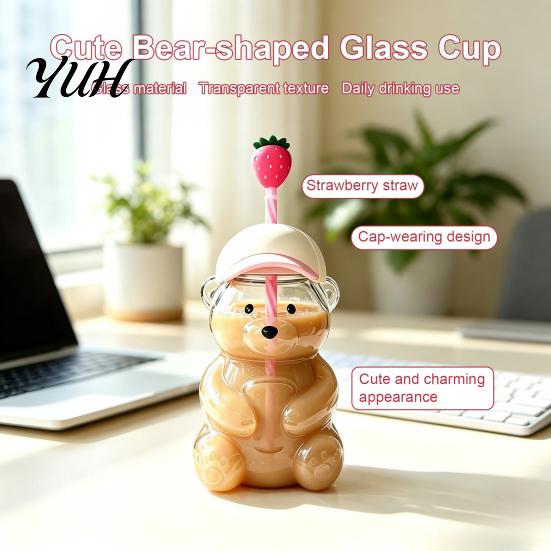 Durable Drinking Container 600ML Bear Glass Tumbler with Lid & Straw, 20oz Borosilicate Leakproof Travel Cup for Iced Coffee, Boba Tea, Milk,