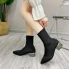 Women's Knitted Elastic Short Boots Pointed Toe 4cm Square Heel Middle Heels Fashion Sock Boots Black Office Work Women Shoes