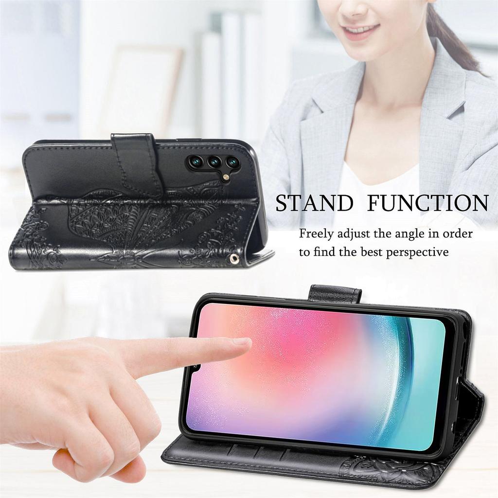 For Samsung Galaxy A24 4G (162.1 X 77.6 X 8.3mm) Stand Wallet Case PU Leather Butterfly Imprinted Flip Phone Cover