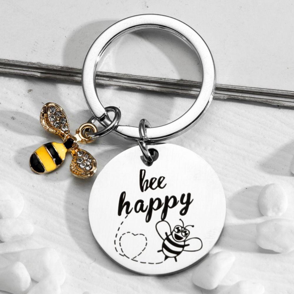 with Letters Stainless Steel Key Ring DIY Letters Round Pendants Bee Happy Key Chain Father