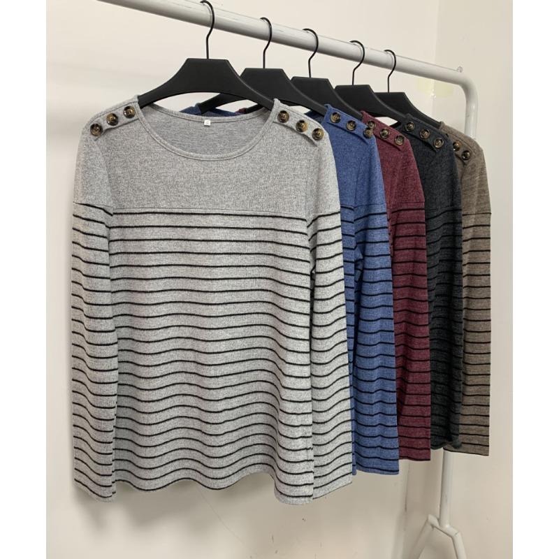 Женская блузка осень-зима в полоску, контрастные цвета, круглый вырез, длинный рукав, топ на пуговицах