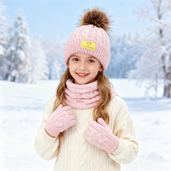 Yousheng 3 шт./компл. Детская зимняя шапка, шарф, перчатки, комплект, декор из плюшевого помпона, вязаная шапка без полей с текстурой косички, вязаные перчатки, флисовая подкладка, комплект гетр для шеи