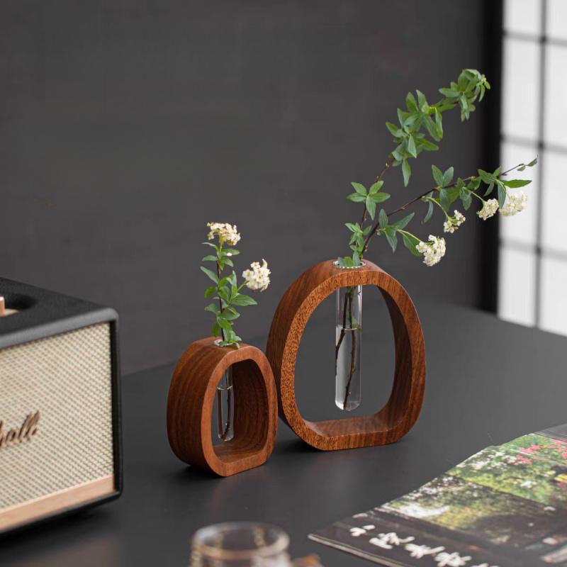 Walnut Wood Chinese-Style Solid Wood Flower Vase Desktop Glass Mini Hydroponic Flower Holder Luxury-inspired Elegant Decorative