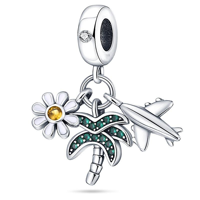 S925 Silver Travel Theme Airplane Luggage Camera Charm Bead DIY Jewelry Bracelet Accessory Set