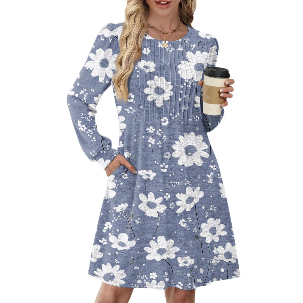 Женское повседневное платье с длинным рукавом, плиссировкой, круглым вырезом, цветочным принтом и карманами