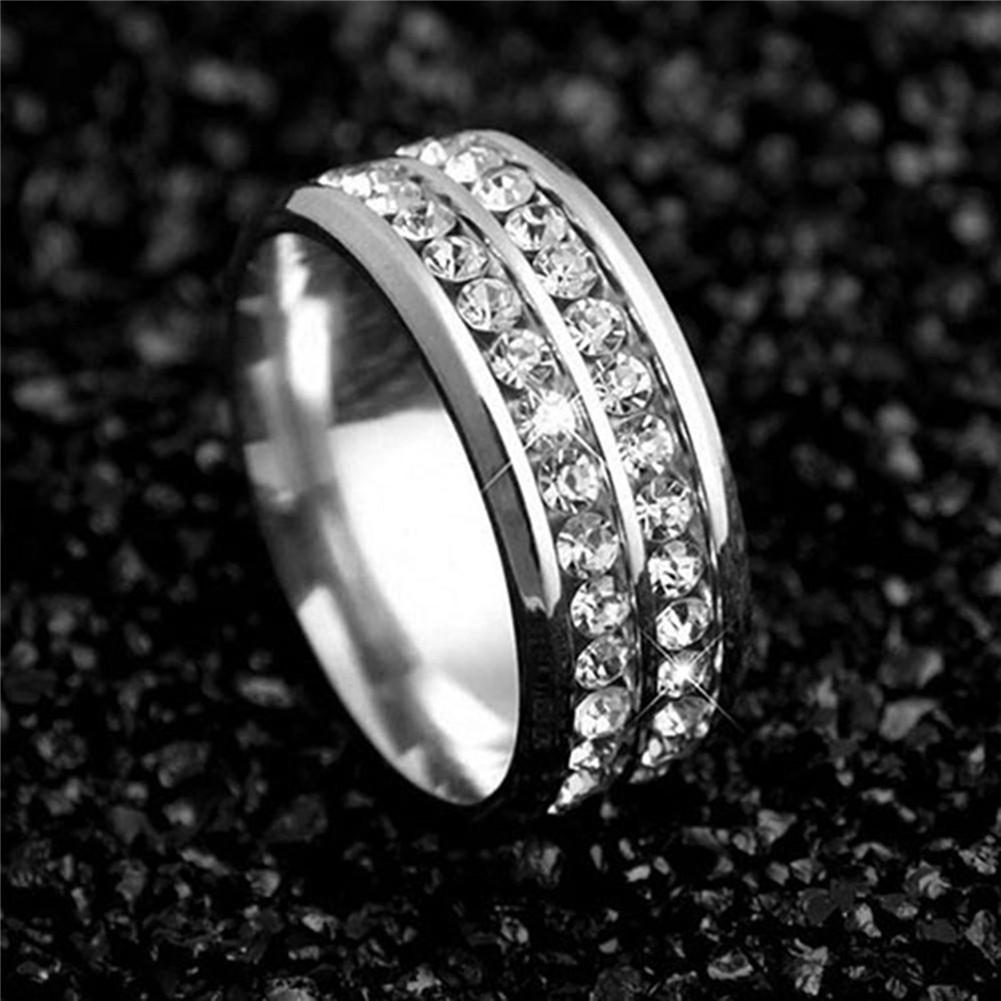 Womens Mens Fashion Double Rows Rhinestones Titanium Steel Wedding Jewelry Ring MIT