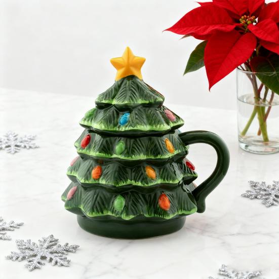 Christmas Tree Mug 16oz, Nostalgic Themed Lidded Tumbler for Coffee Hot Drinks Holiday Gift for Kids Friends Home Office Use