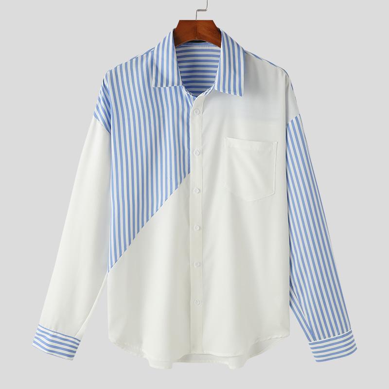 INCERUN Men Turn Down Collar Long Sleeve Buttons Tops Casual Striped Patchwork Shirts
