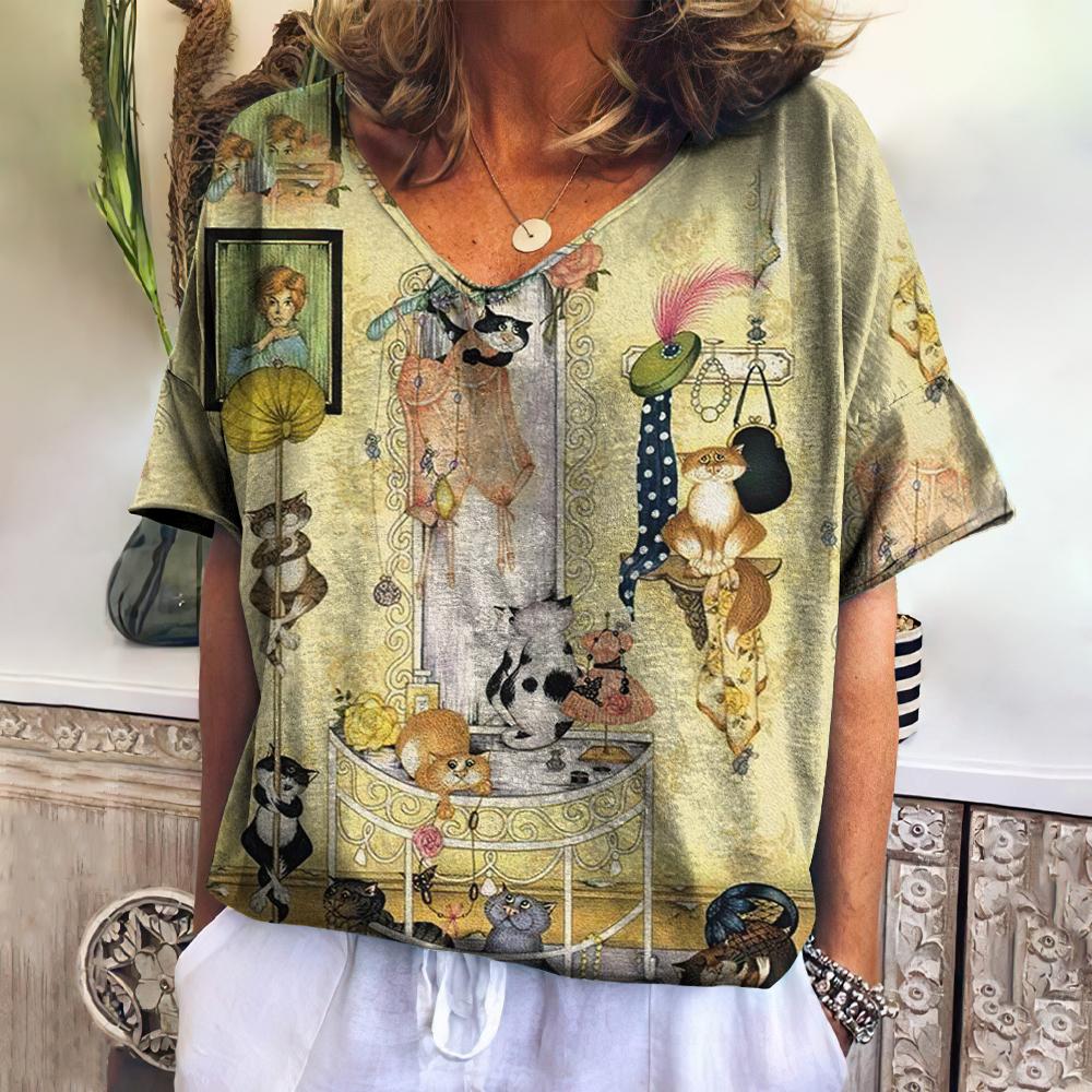 Винтажная женская одежда, футболки с милыми животными, женская одежда, повседневные футболки с короткими рукавами, пуловер большого размера с v-образным вырезом, уличная одежда