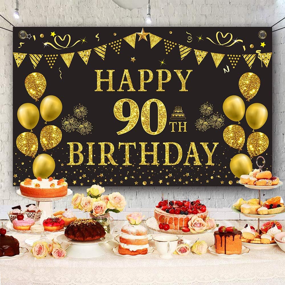 Trgowaul 90th Birthday Backdrop Gold and Black 5.9 X 3.6 Fts Happy Birthday Party Decorations Banner for Women Men Photography Supplies Background