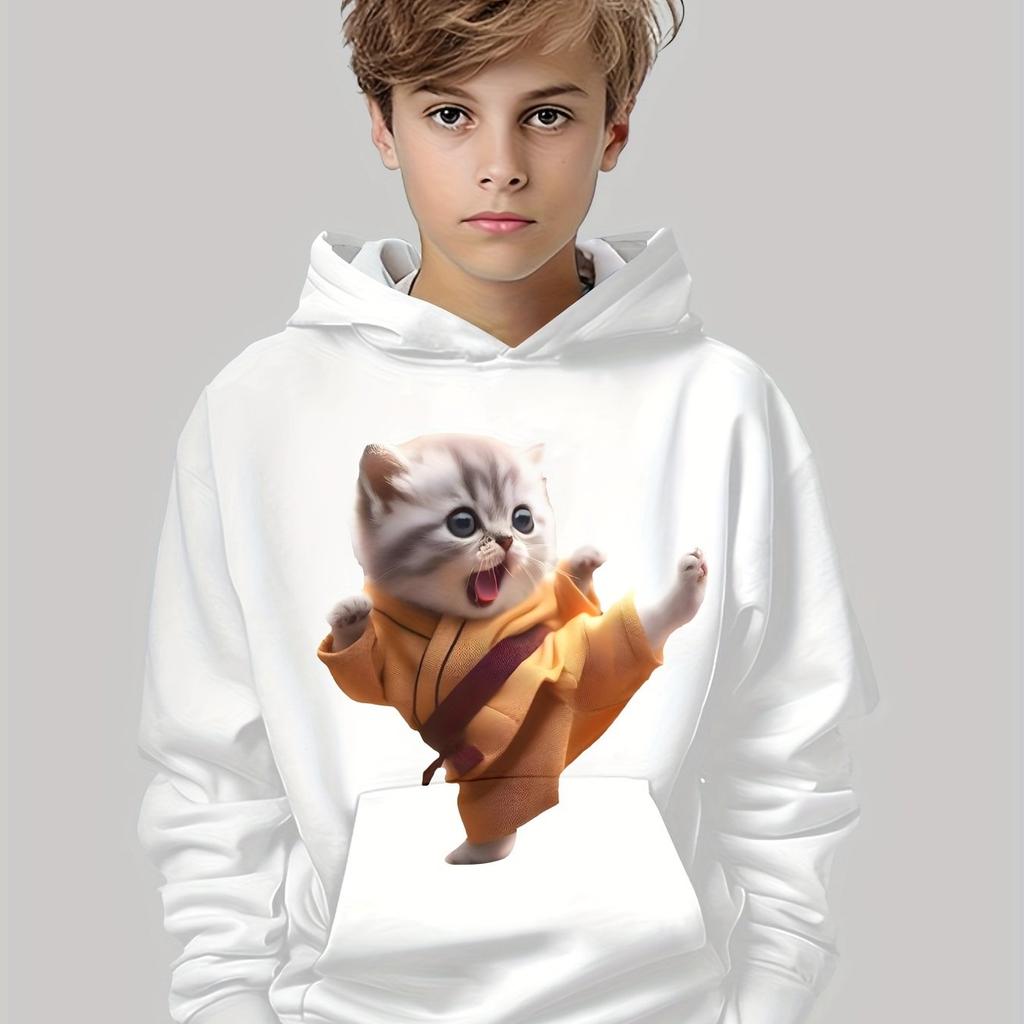Детская одежда Толстовки с капюшоном с длинным рукавом Детская толстовка с рисунком из мультфильма Детская мода с принтом кота Летняя одежда для девочек Топ для мальчиков