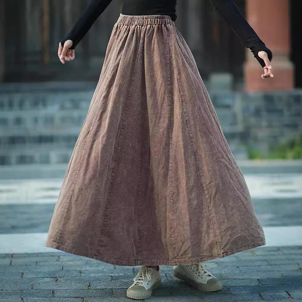 Retro Literary Burnout Cotton Linen Elastic Waist Midi Skirt - Autumn/Winter