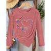 Gradient paw print and heart combination print long-sleeve vintage round neck T Casual versatile shirt2026Spring and Autumn New
