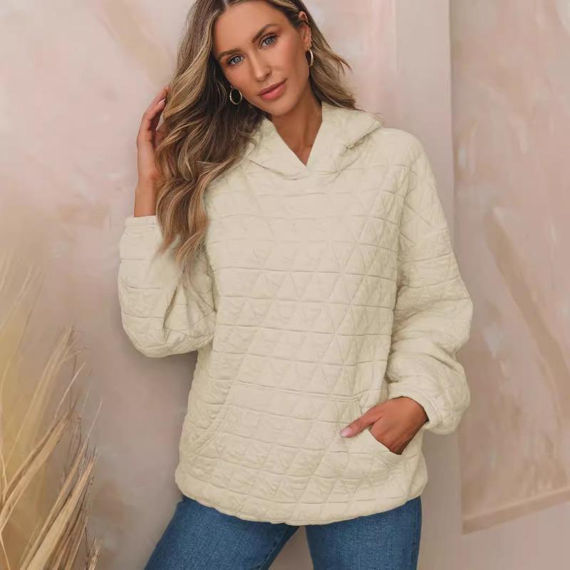 Осенняя однотонная женская толстовка с капюшоном и карманами в стиле кэжуал, стеганый топ с длинными рукавами