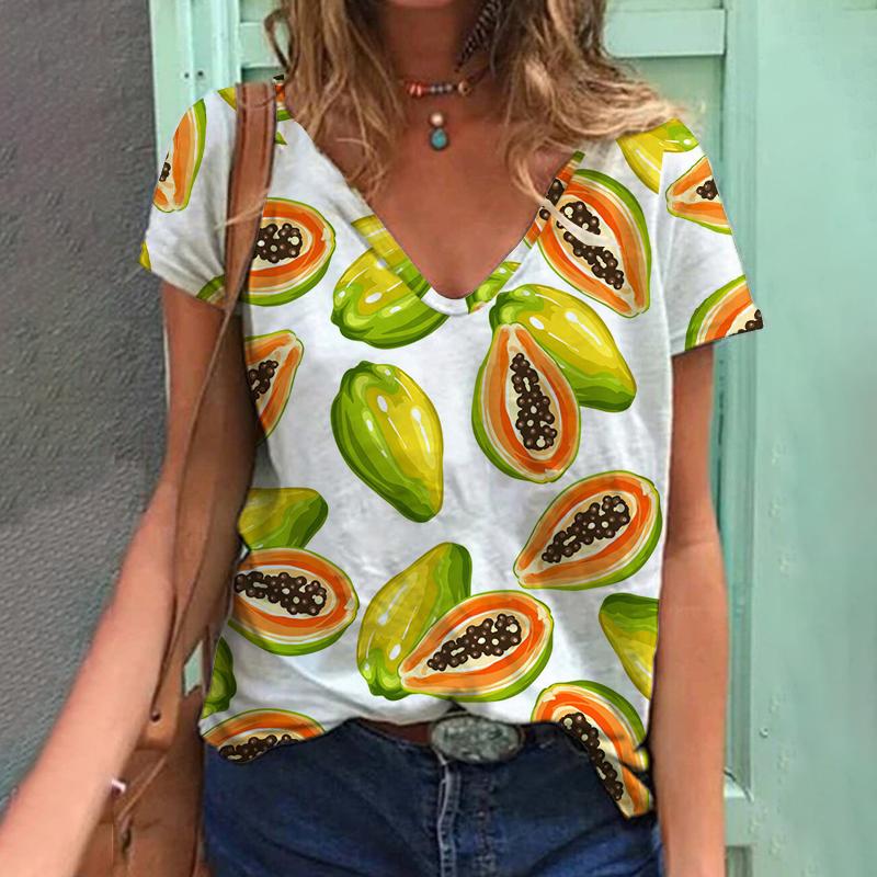 Лето 2023, футболка с 3D растительным принтом и фруктами, женская футболка с v-образным вырезом, топ Kawaii, уличный женский свободный модный универсальный топ в стиле Харадзюку, 2023 г.