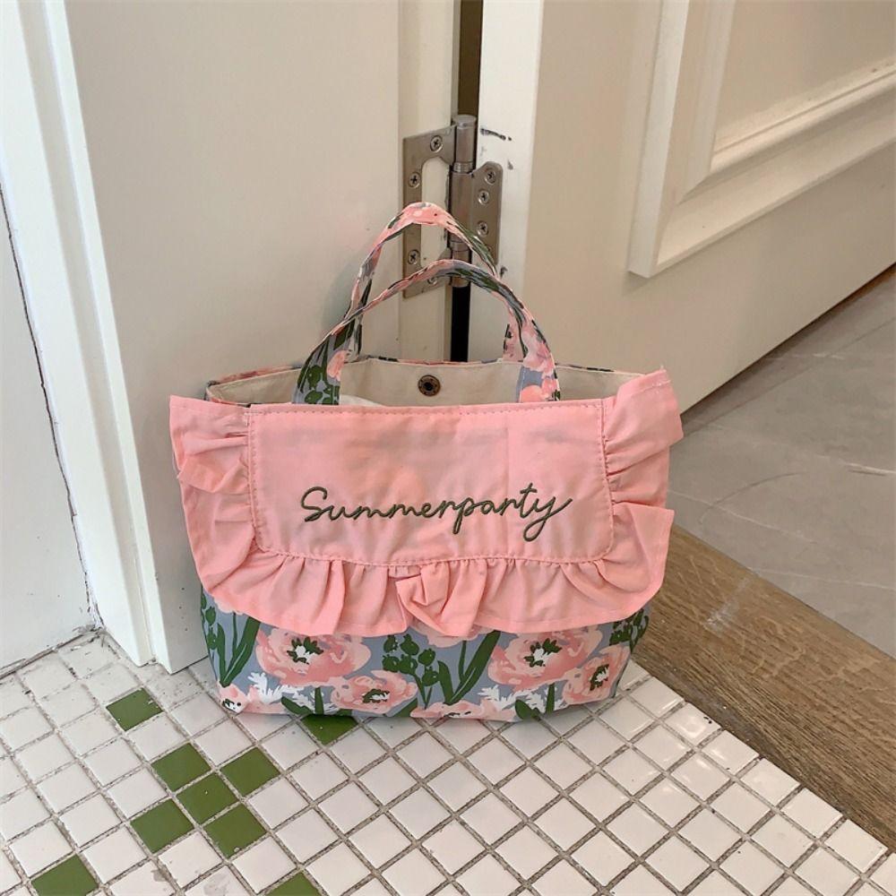 Printed Floral Embroidery Canvas Bag Lace Flower Print Cloth Bag Bucket Bag Countryside Style Canvas Shoulder Bag